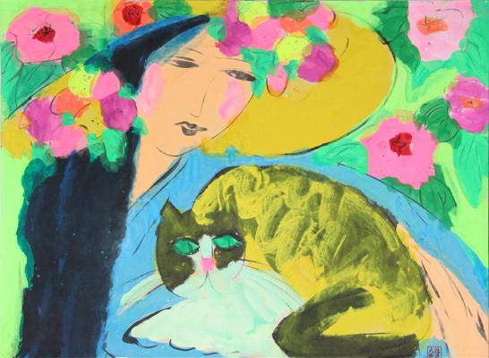 Walasse Ting Femme Au Chat Jaune Painting Walasse Ting Femme Au Chat Jaune Painting