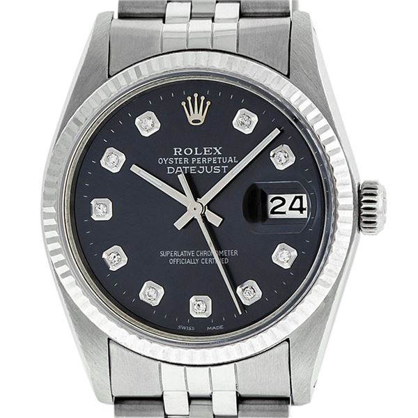 Rolex Mens Stainless Steel Black Diamond 36MM Oyster Perpetual Datejust Wristwat