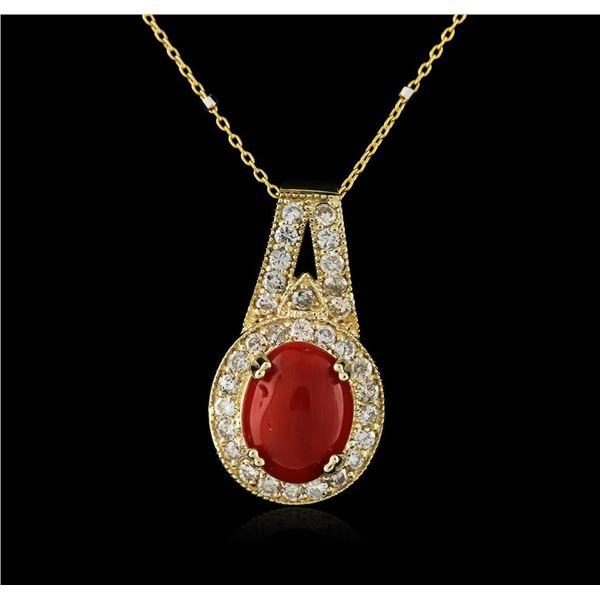 14KT Yellow Gold 6.16 ctw Coral and Diamond Pendant With Chain