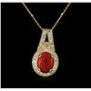 Image 1 : 14KT Yellow Gold 6.16 ctw Coral and Diamond Pendant With Chain