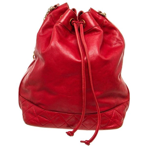 Chanel Red Caviar Leather CC Drawstring Bucket Bag