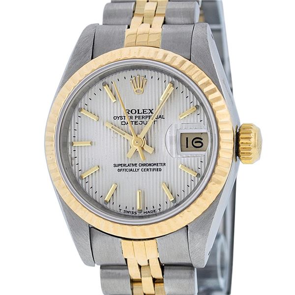 Rolex Ladies 2 Tone Silver Index Tapestry Fluted Datejust Wristwatch
