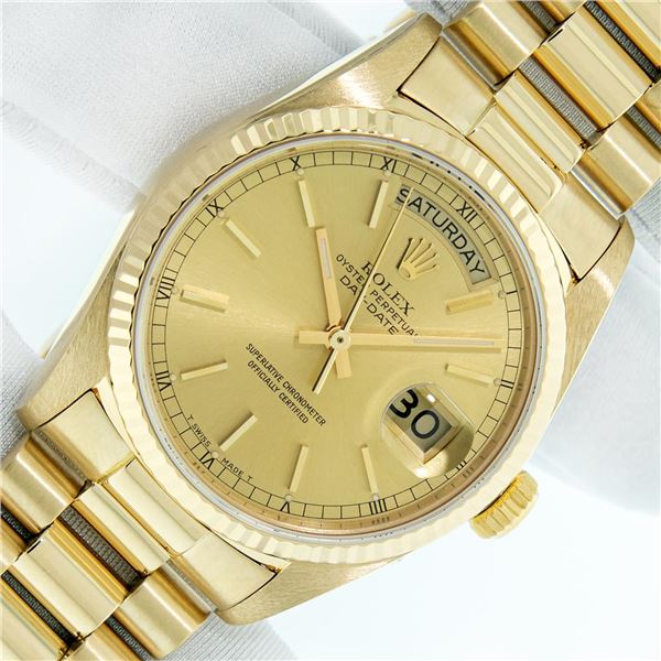 Rolex Mens 18K Yellow Gold Champagne Index Quickset President Wristwatch