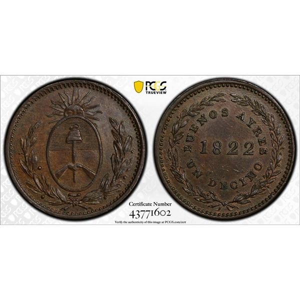 ARGENTINA: BUENOS AIRES: Rio de la Plata, AE decimo, 1822, PCGS MS63 BN