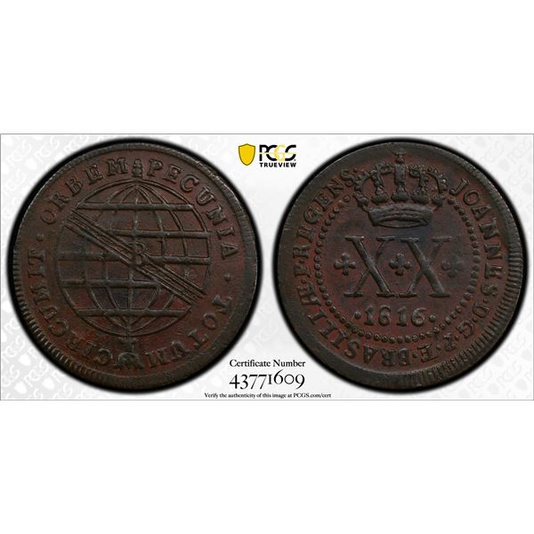 BRAZIL: AE 20 reis, 1816-B, PCGS AU55