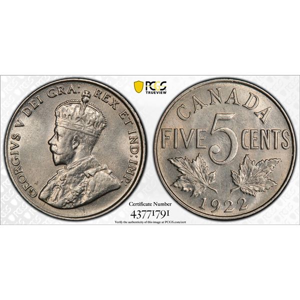 CANADA: 5 cents, 1922, PCGS MS63