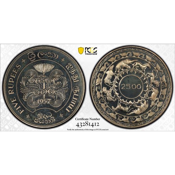 CEYLON: AR 5 rupees, 1957, PCGS Proof 68 CAM