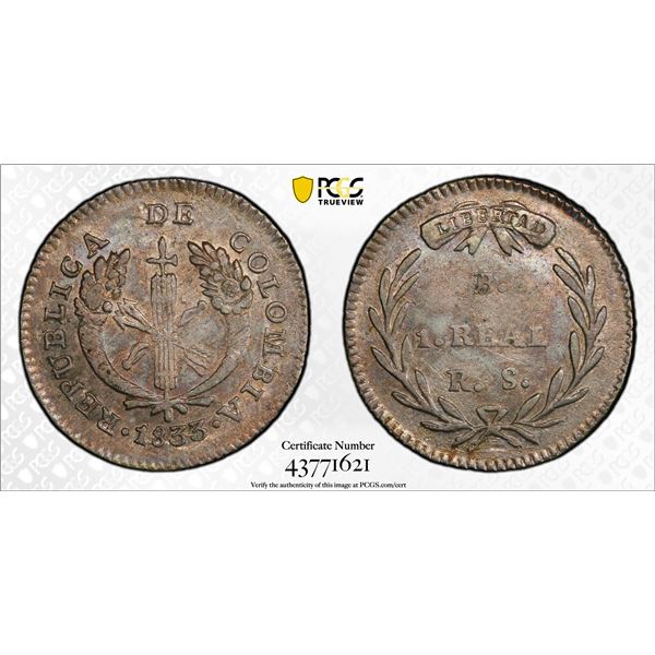 COLOMBIA: AR real, 1833-B, PCGS AU55