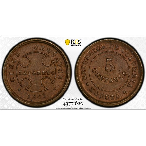 COLOMBIA: AE 5 centavos, 1901, PCGS MS64