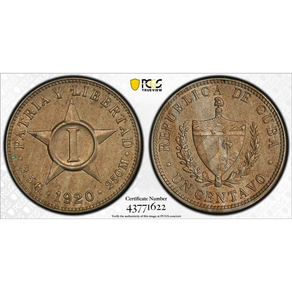 CUBA: 1 centavo, 1920, PCGS MS64