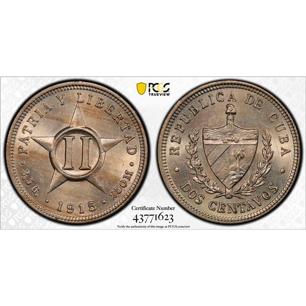 CUBA: 2 centavos, 1915, PCGS MS64