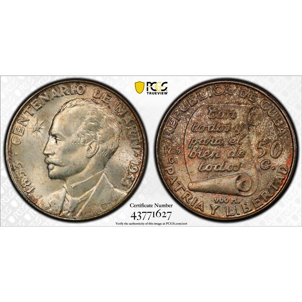 CUBA: AR 50 centavos, 1953, PCGS MS65