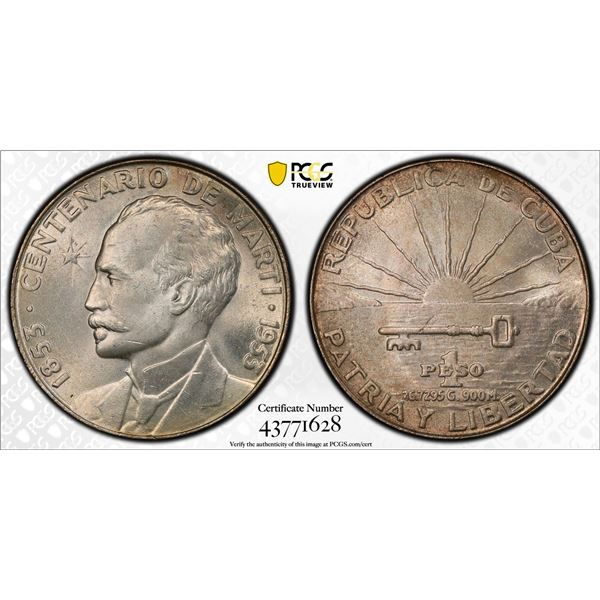 CUBA: AR peso, 1953, PCGS MS65