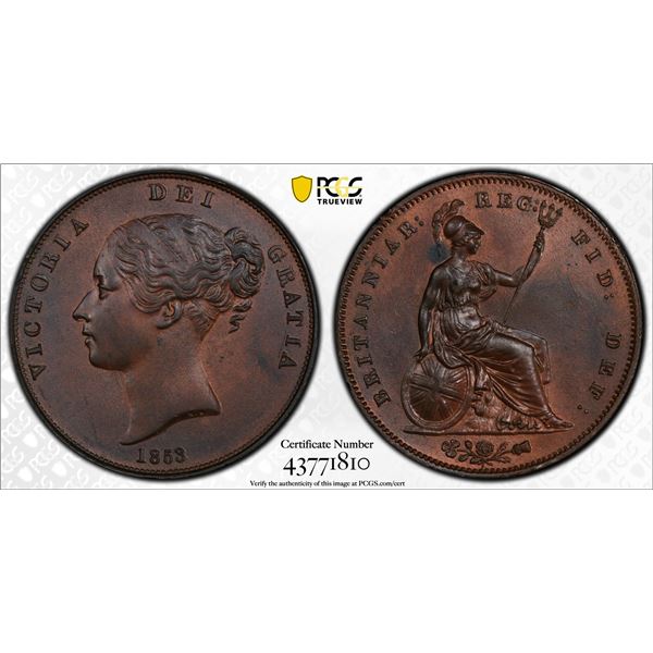 GREAT BRITAIN: AE penny, 1853, PCGS UNC Details