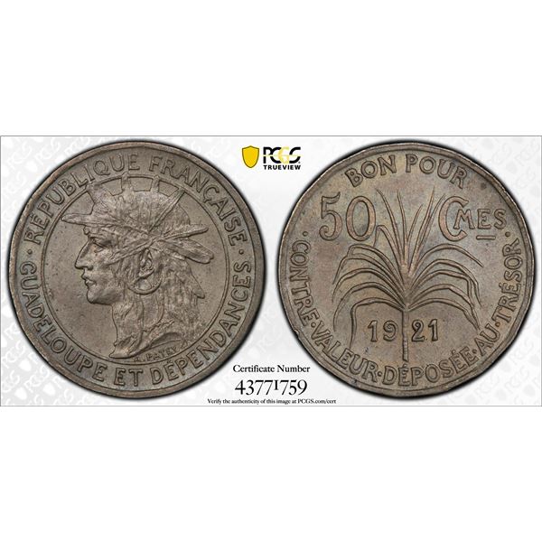 GUADELOUPE: 50 centimes, 1921, PCGS UNC Details