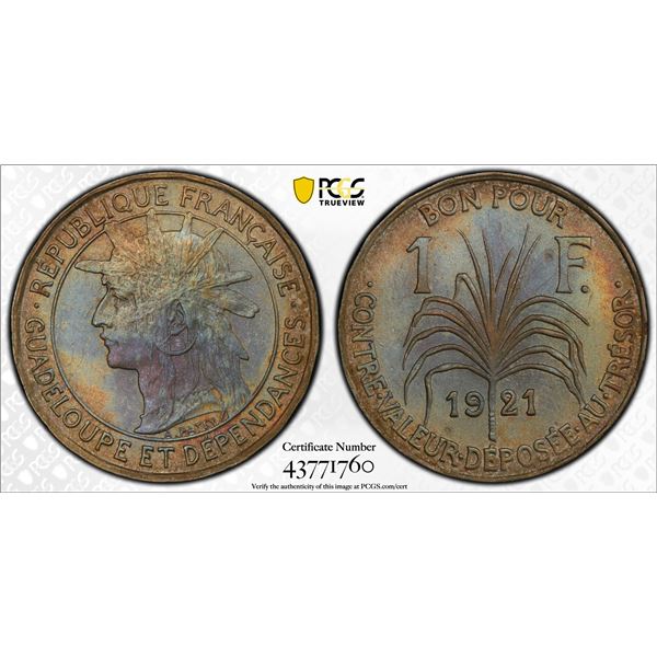 GUADELOUPE: 1 franc, 1921, PCGS UNC Details