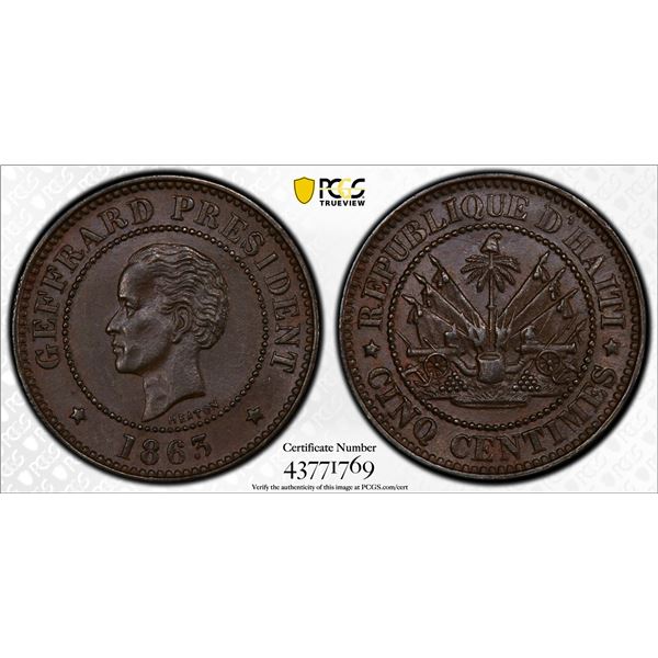 HAITI: AE 5 centimes, 1863-H, PCGS MS63