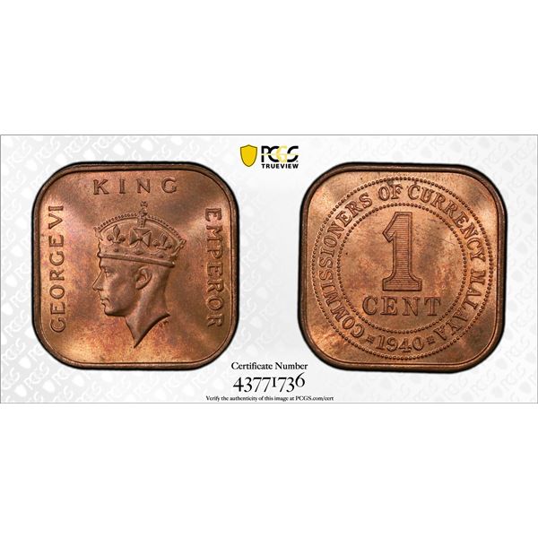 MALAYA: AE cent, 1940, PCGS MS65 RB