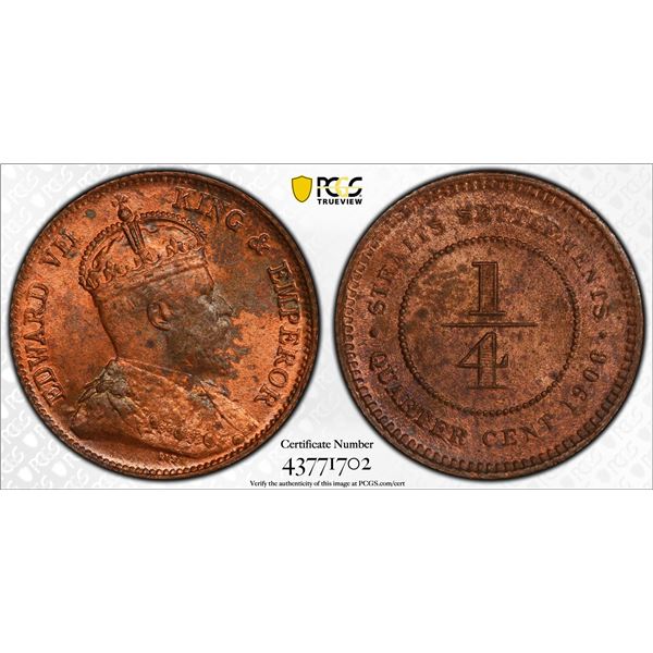 STRAITS SETTLEMENTS: AE ¼ cent, 1908, PCGS UNC Details