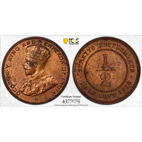 STRAITS SETTLEMENTS: AE ½ cent, 1916, PCGS UNC Details