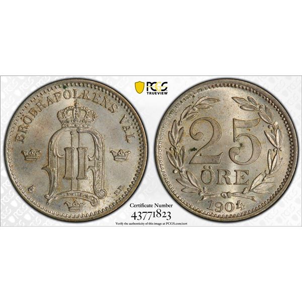 SWEDEN: AR 25 öre, 1904, PCGS MS65
