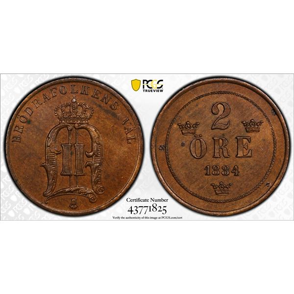 SWEDEN: AE 2 öre, 1884, PCGS MS63 BN
