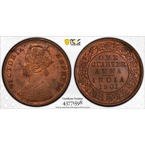 BRITISH INDIA: AE ¼ anna, 1901(c), PCGS MS63 RB
