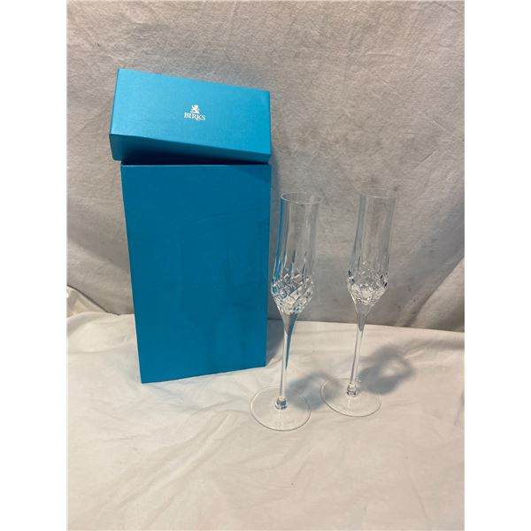 Birks crystal champagne flutes and box