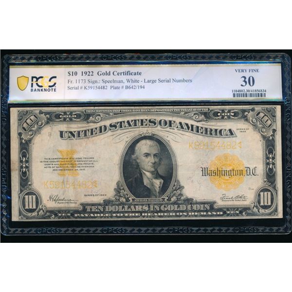 1922 $10 Gold Certificate PCGS 30