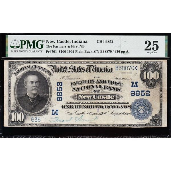 1902 $100 New Castle IN National PMG 25