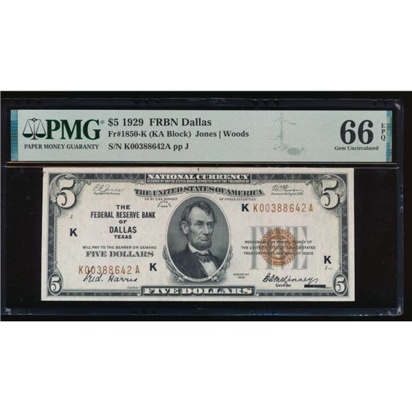 1929 $5 Dallas FRBN PMG 66EPQ