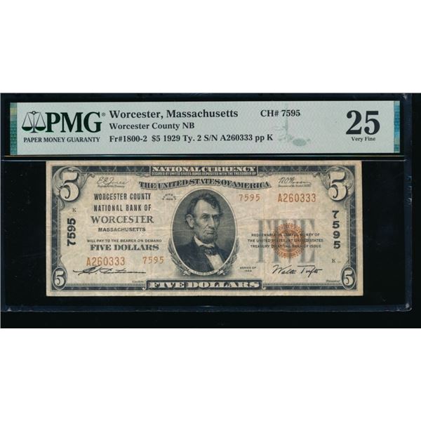 1929 $5 Worcester MA National PMG 25