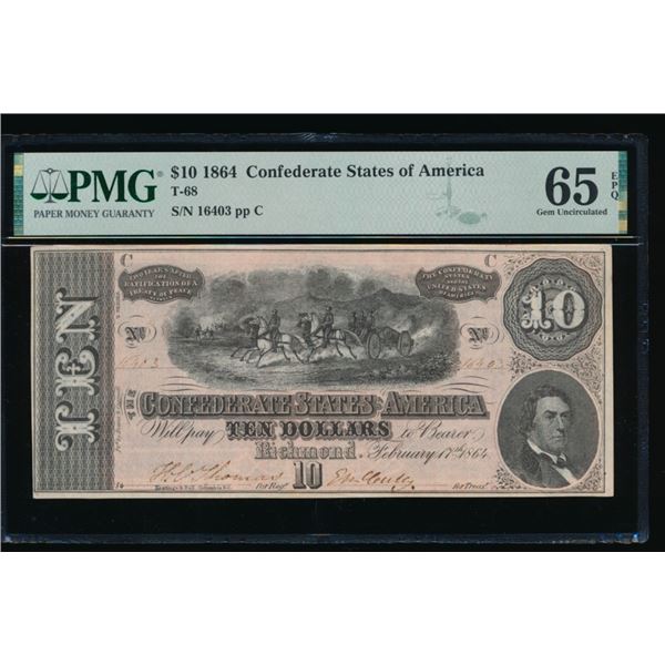 1864 $10 T-68 Confederate PMG 65EPQ