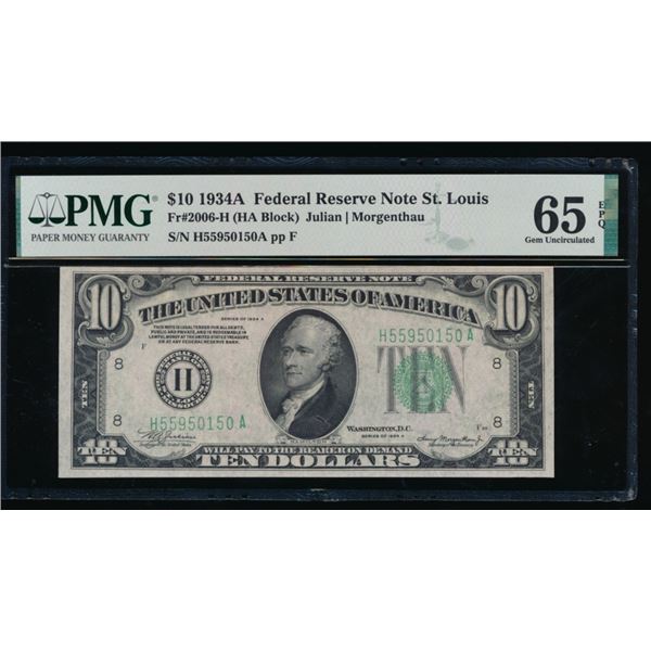 1934A $10 St Louis FRN PMG 65EPQ