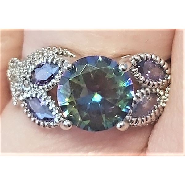 .925 Stamped Sterling Silver Ring - Mystic Topaz Center Stone, Four Topaz Side Stones - Size 7