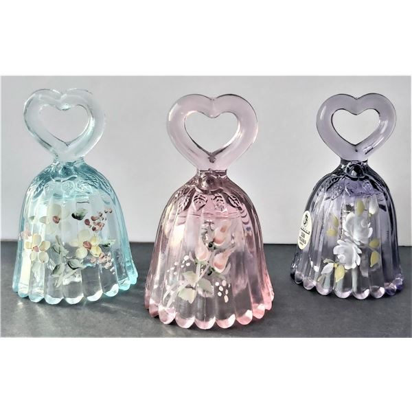 Three Fenton Glass Bells Floral Hand Painted - Heart Shaped Handles - Pink, Blue, and Purple