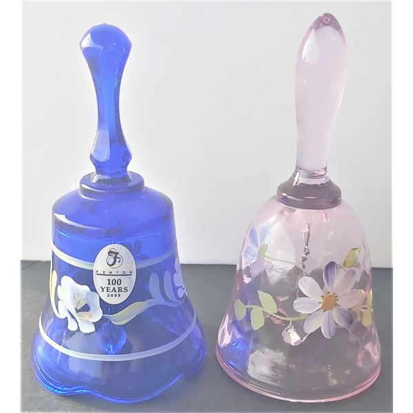 Two Fenton Glass Bells - Silver 2005 100 Years Label - Pink and Blue - Hand Signed