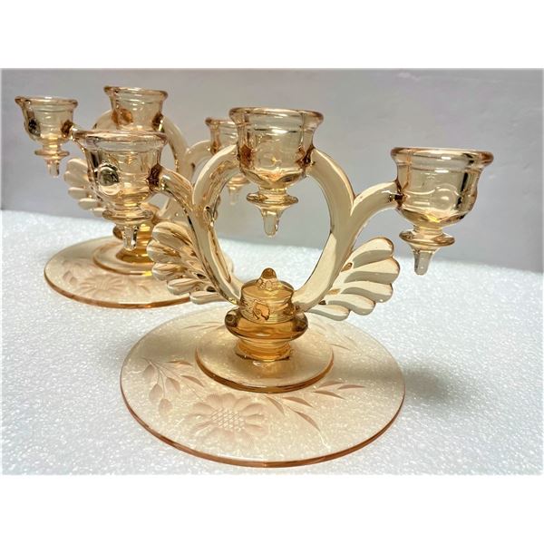 Martinsville Amber Moondrops Three Tiered Cornflower Crystal Candle Holders