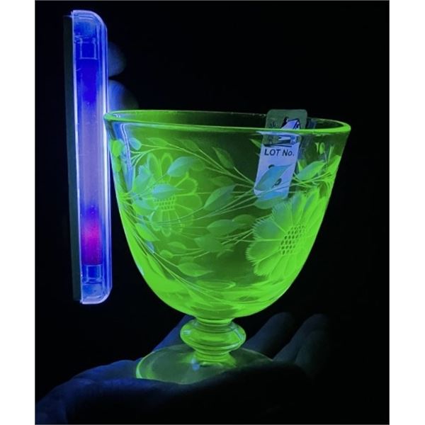 Tiffin green Cornflower Crystal Compote / Glass , Glows under Black Light