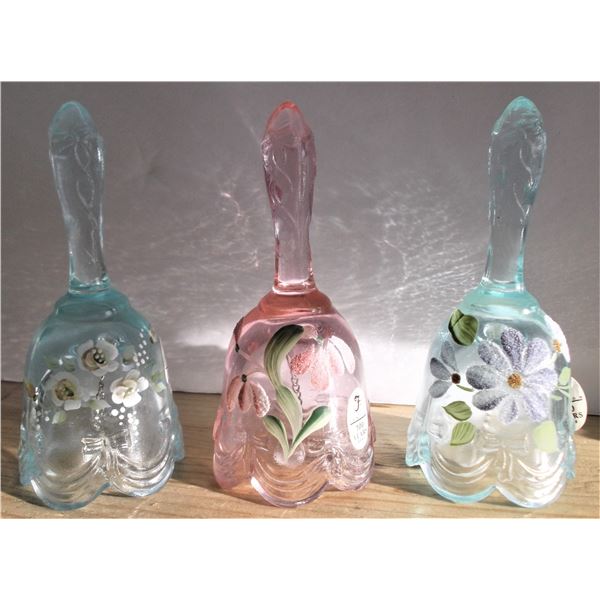 Three Fenton Glass Bells Floral Hand Painted
