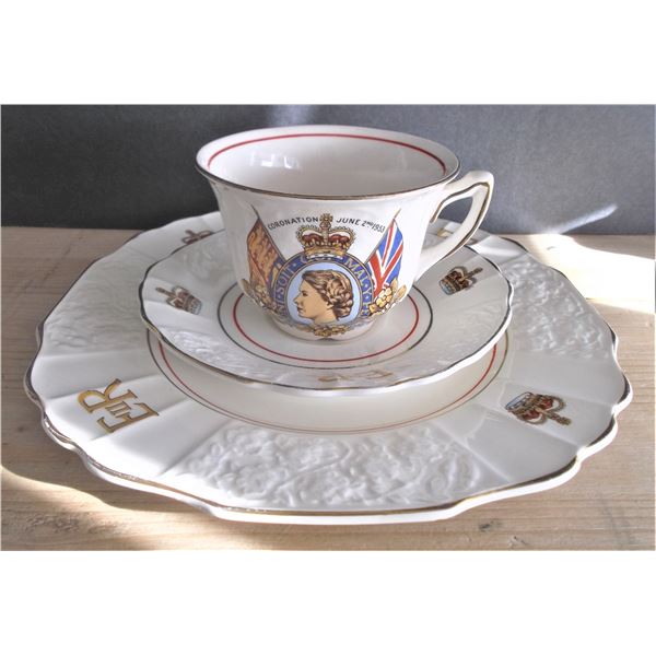 HRM Queen Elizabeth II Coronation Tea Service - Cup, Saucer, and Serving Plate