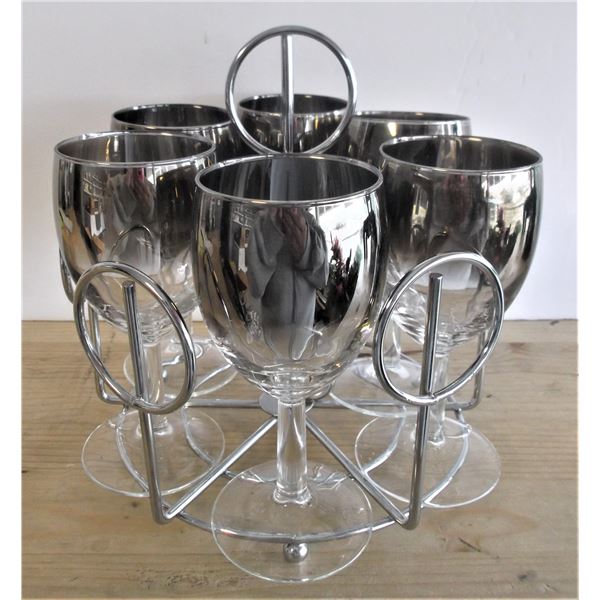 Set of Six Smoky Black Reflective Port Glasses with Tray