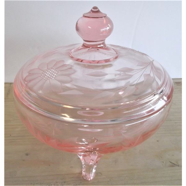 Pink Cornflower Three Footed Bowl with Lid - One Broken Foot - Still stands