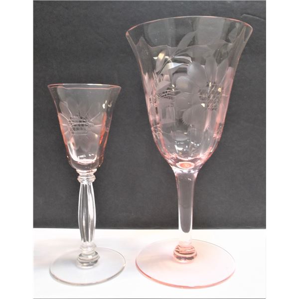 Pink Cornflower Crystal Goblets - Two, Both Different