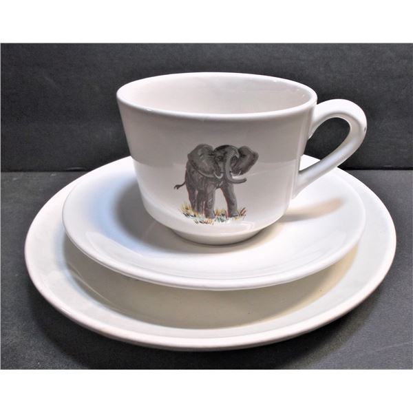 African Animal Tea Cup, Saucer, and Side Plate - Made in Kenya - Crazing on all Three Pieces