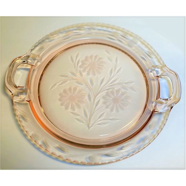 Pink Cornflower crystal platter with handles