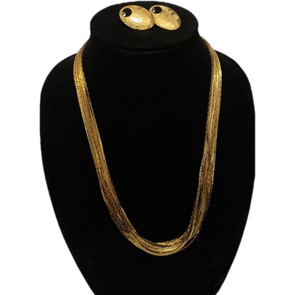 Gold Tone Matching Multi Strand Necklace and Earrings