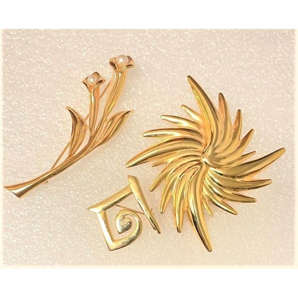 THREE Gold Tone Brooches