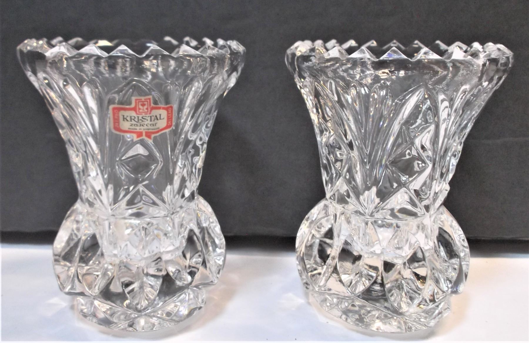 Pair of Zajecar Kristal Lead Crystal Vases Made in Yugoslavia