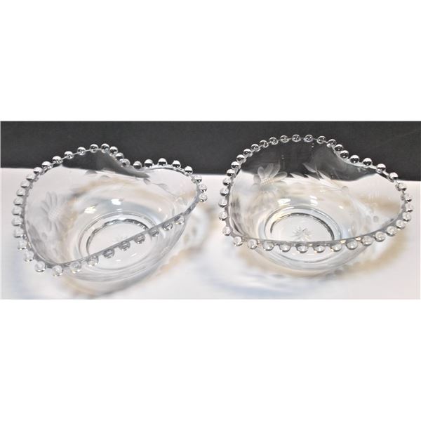 SIX Cornflower Candlewick Crystal Heart Shaped Bowls - One with Damage - See images